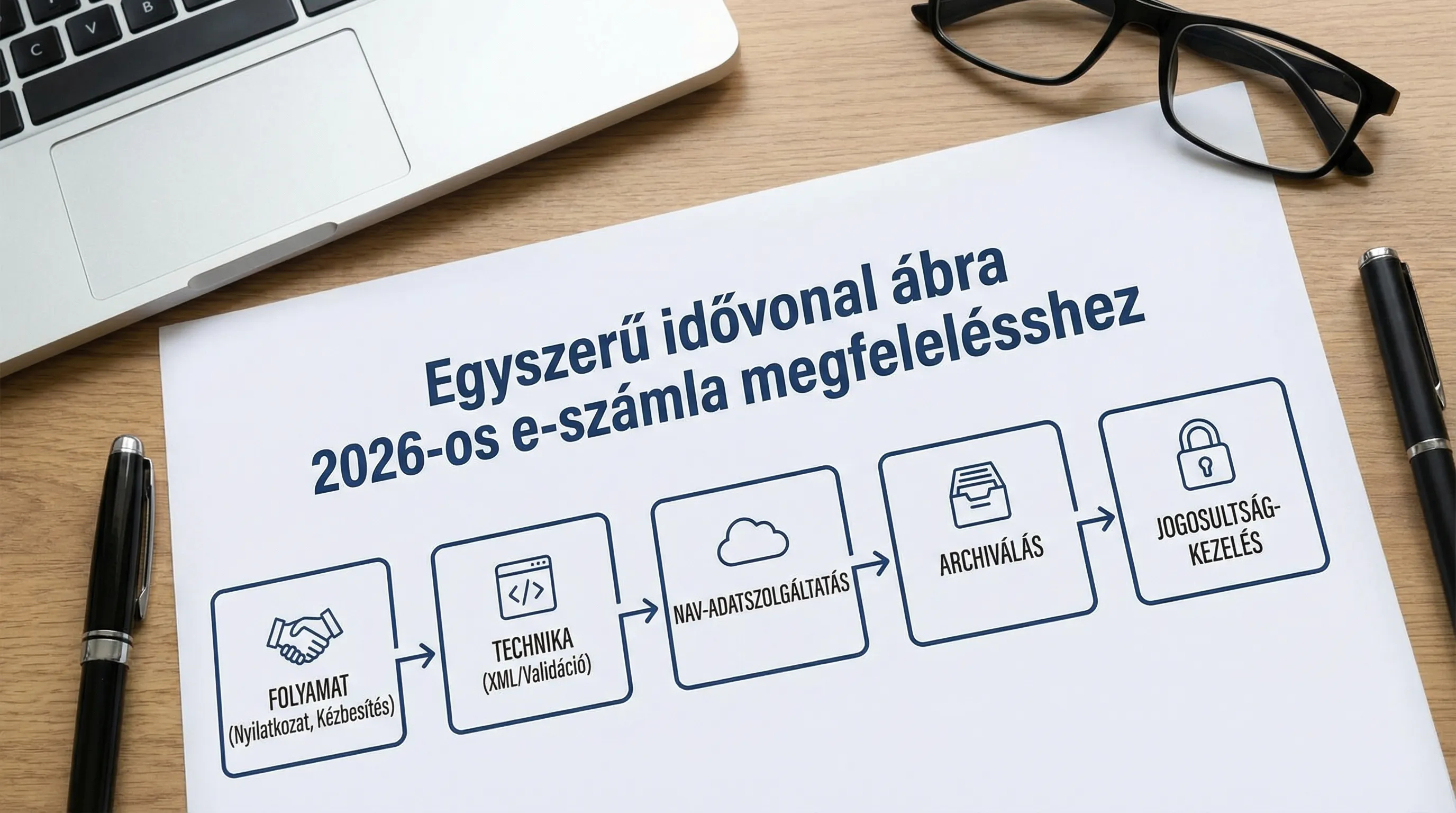 Egyszerű idővonal ábra 2026-os e-számla megfeleléshez: folyamat (nyilatkozat, kézbesítés), technika (XML/validáció), NAV-adatszolgáltatás, archiválás, jogosultságkezelés.