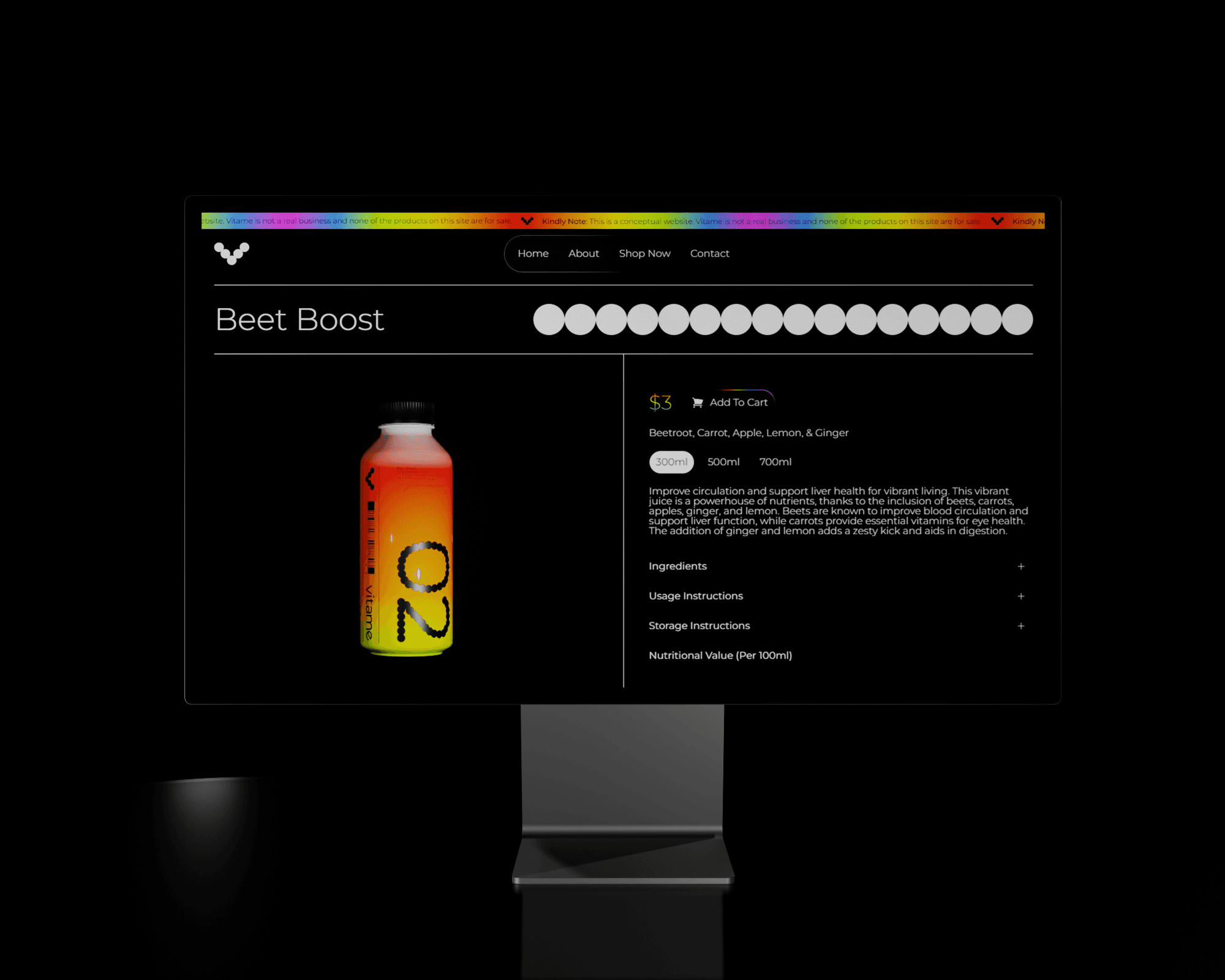 A desktop monitor showing a product page from Vitame's website. The page features the product title "Berry Bliss" at the top of the screen. Below the product title, an image of the product is featured with the product details next to it. The monitor is dark gray and is featured in front of a solid black background.