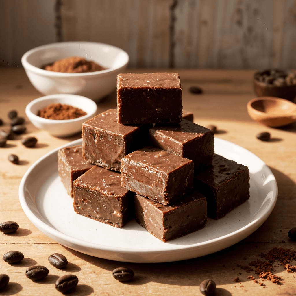 product photography of a plate of chocolate fudge pieces