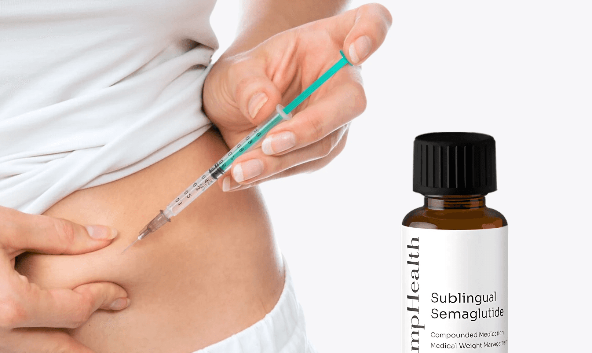  Person injecting stomach next to semaglutide - Compounded Semaglutide Side Effects