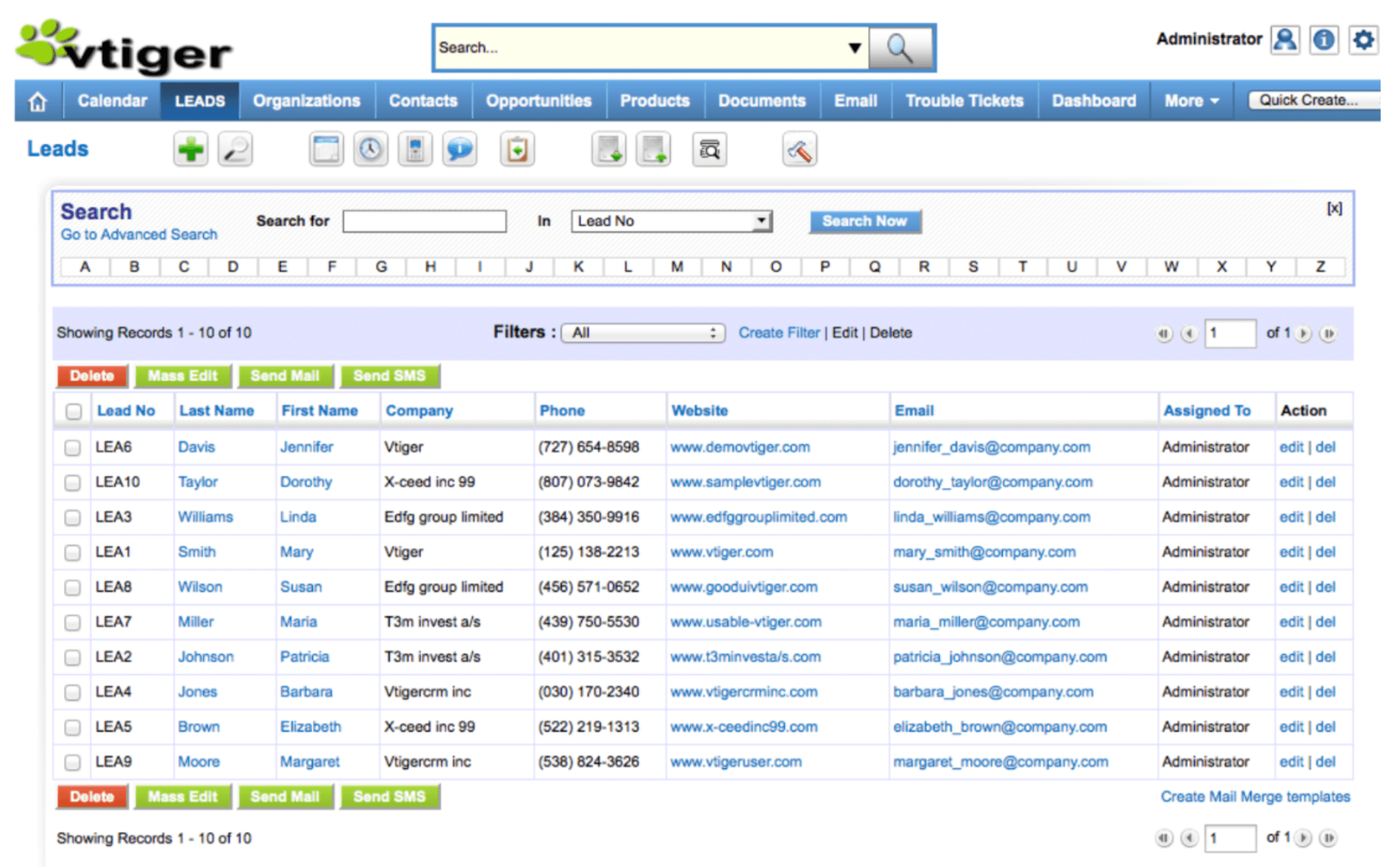Vtiger leads dashboard