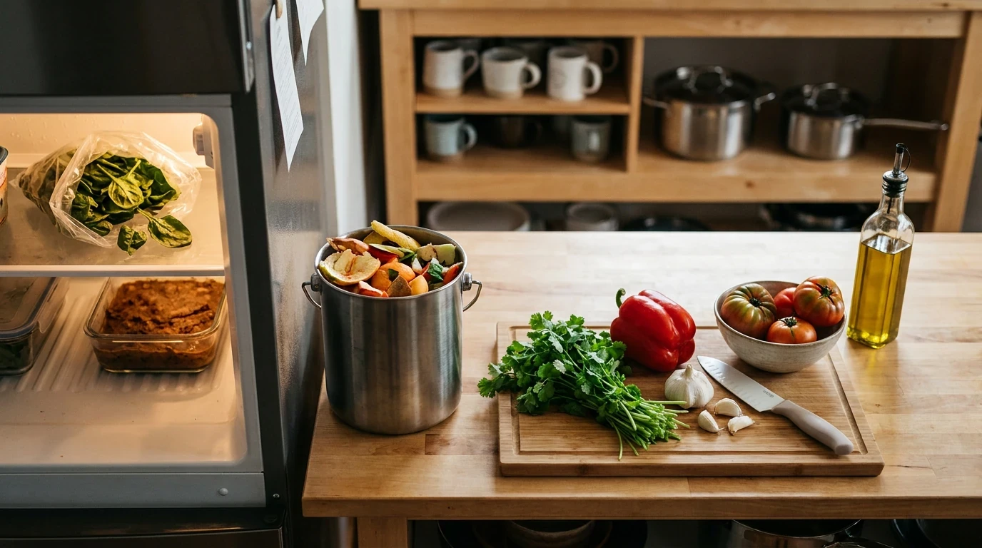 Open refrigerator beside a kitchen counter with fresh herbs, vegetables, garlic, and food scraps ready to be used for meal planning.