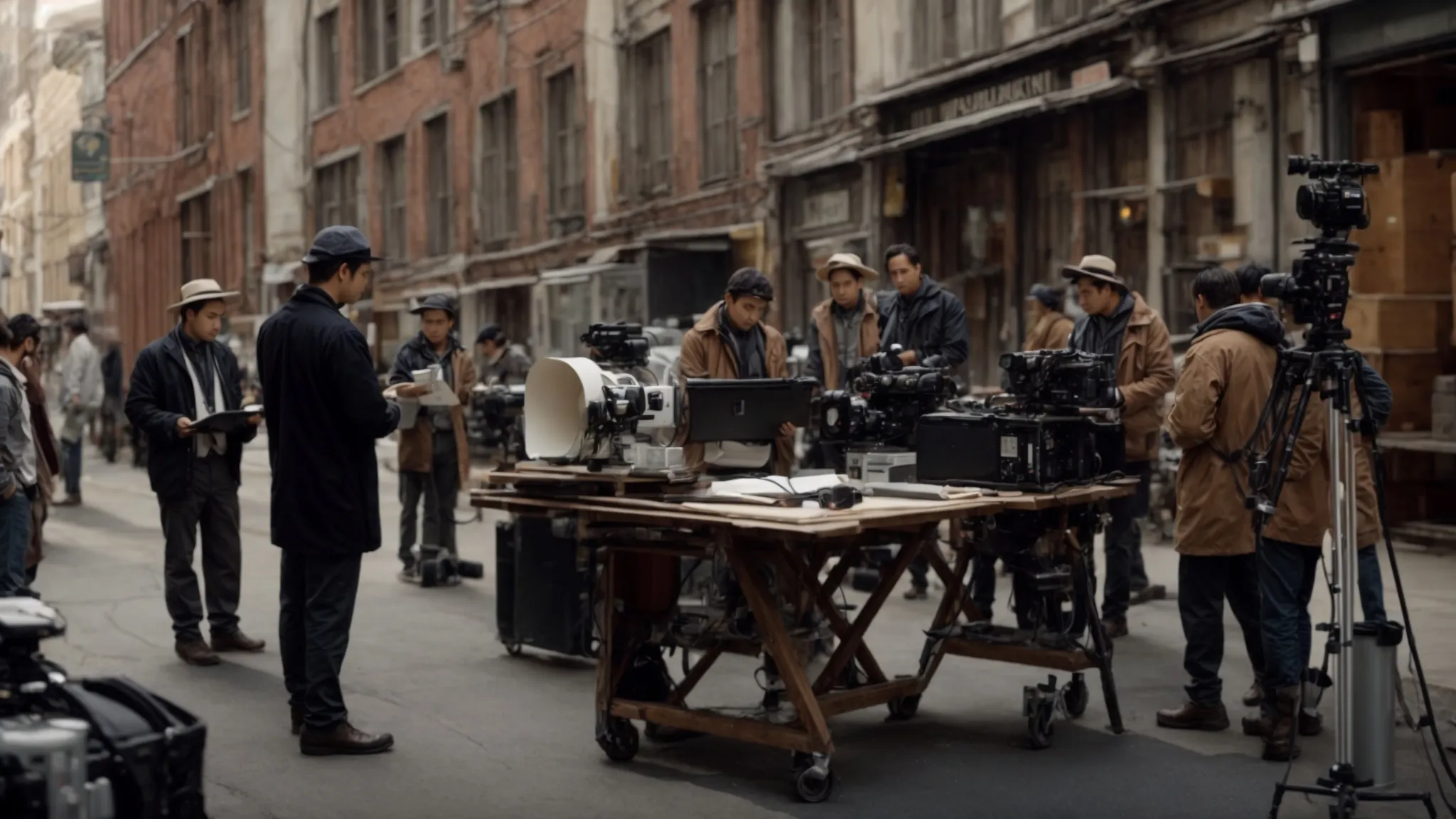 a bustling film set where crew members are engaged in their tasks under the attentive gaze of a producer with a clipboard, orchestrating the day's shoot.