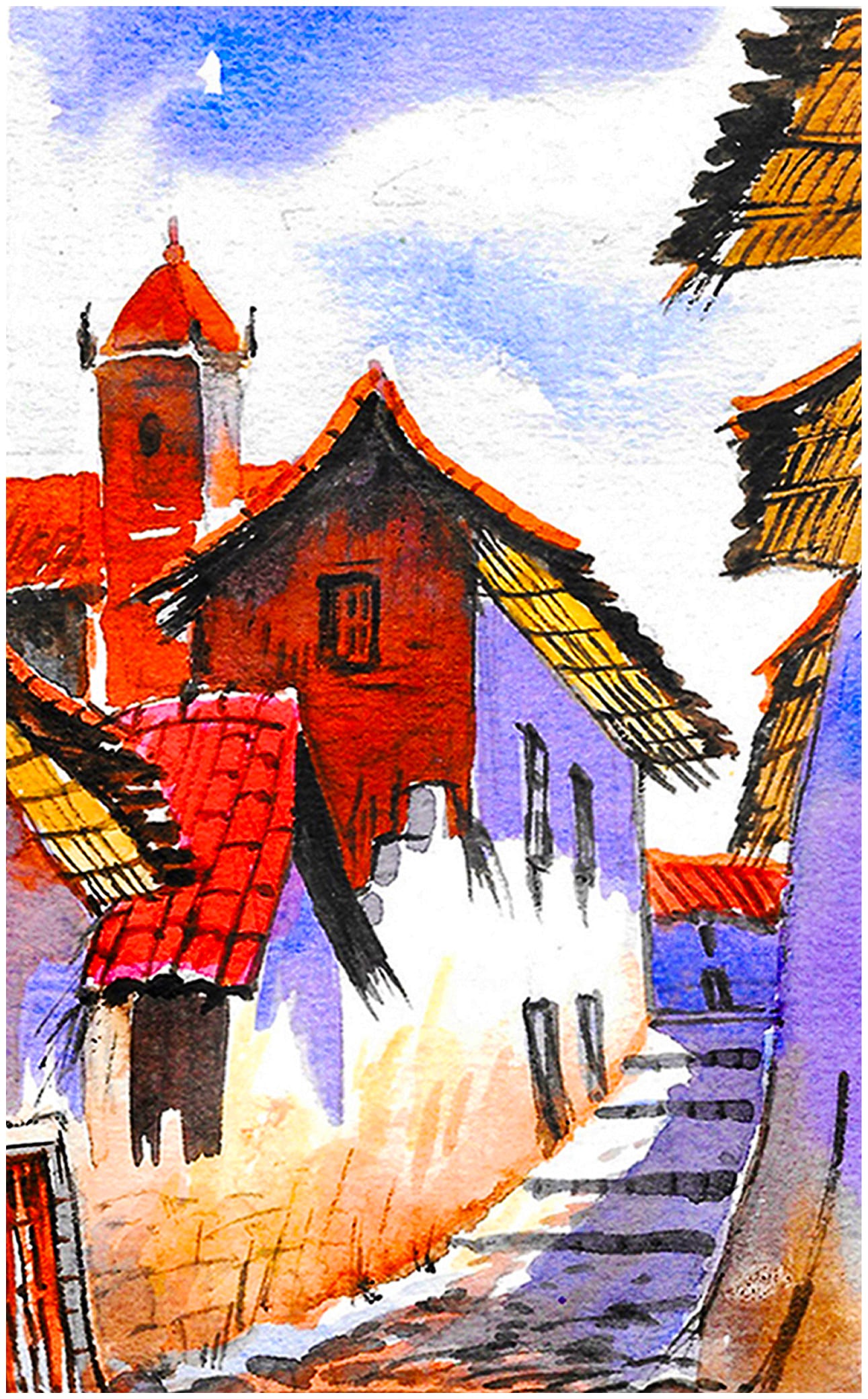 Watercolor illustration of Cusco rooftops with red tiles, layered houses and a small tower, emphasizing light, contrast and perspective.