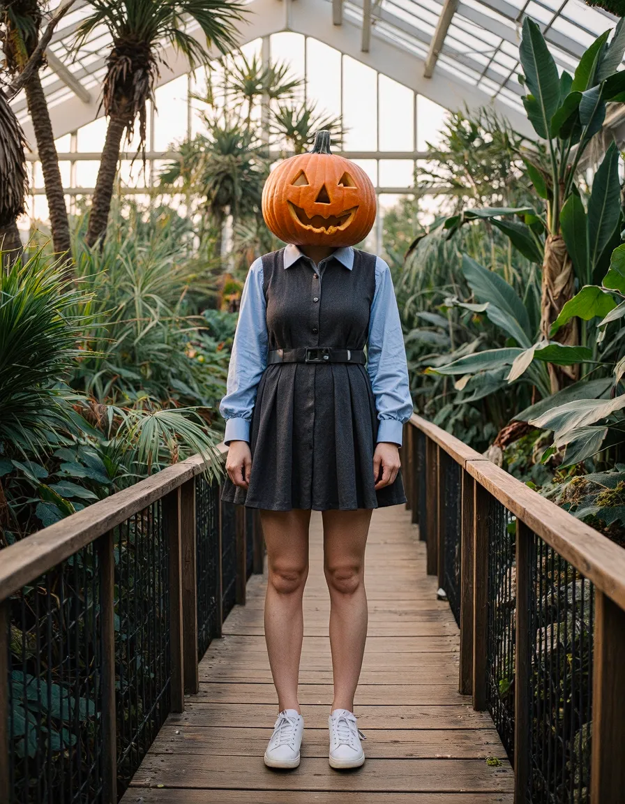 A figure in a dark dress and blue shirt with a carved jack-o-lantern head stands on a wooden walkway surrounded by tropical plants in a greenhouse.