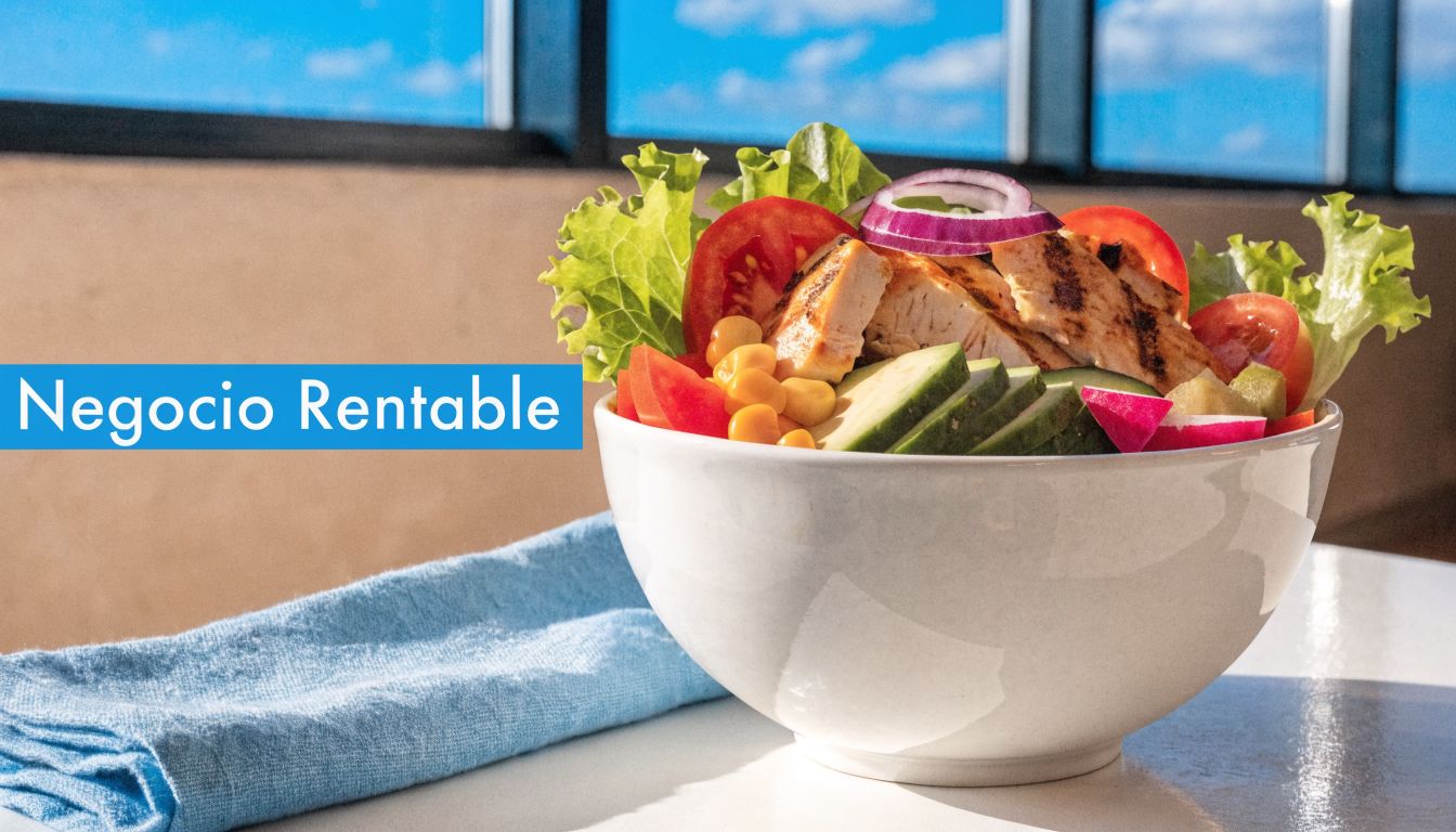 Un tazón de ensalada fresca con pollo a la parrilla, vegetales coloridos y lechuga crujiente servido sobre mesa.