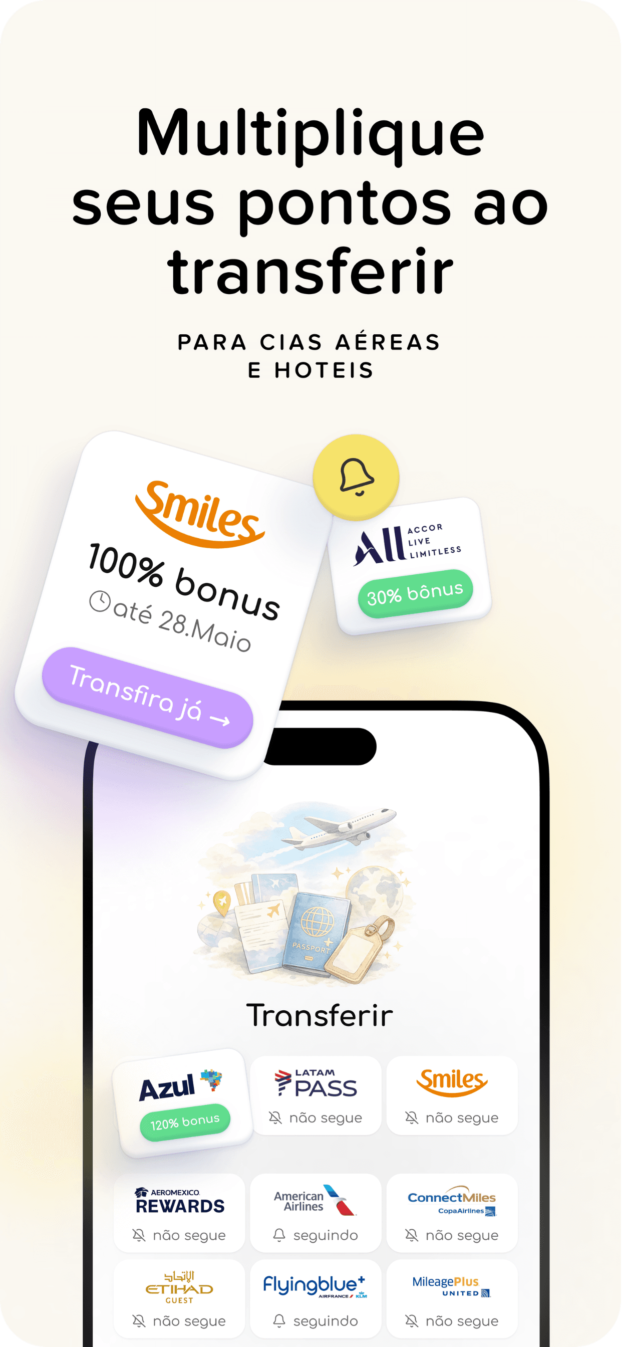 Imagem do AceleraPontos sobre transferência bonificada de pontos, mostrando bônus da Smiles e Accor, e a tela do app com programas como TudoAzul, Latam Pass e outras companhias aéreas nacionais e internacionais.