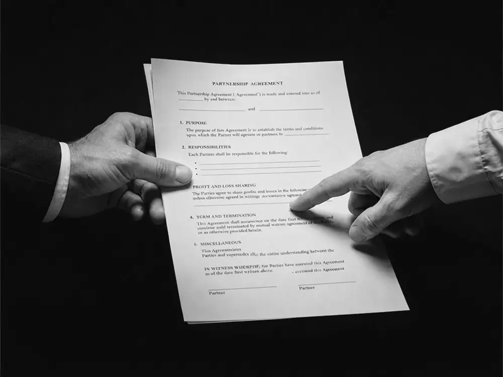 Deux mains désignant les clauses d'un contrat de partenariat, photographie noir et blanc.