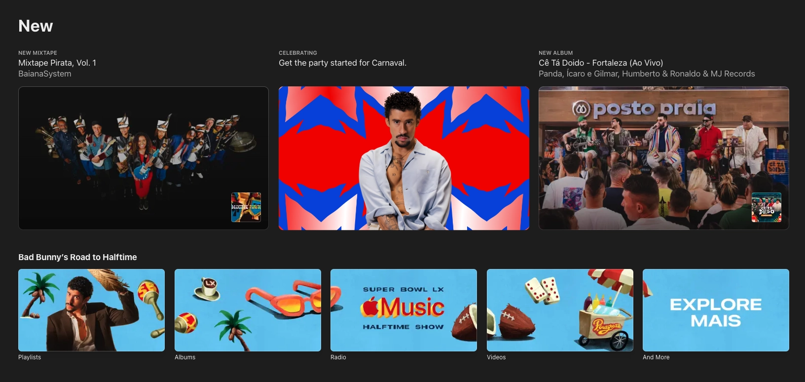"Apple Music interface showing featured Latin music content and Bad Bunny promotion, context for Caliente playlist visual identity project"