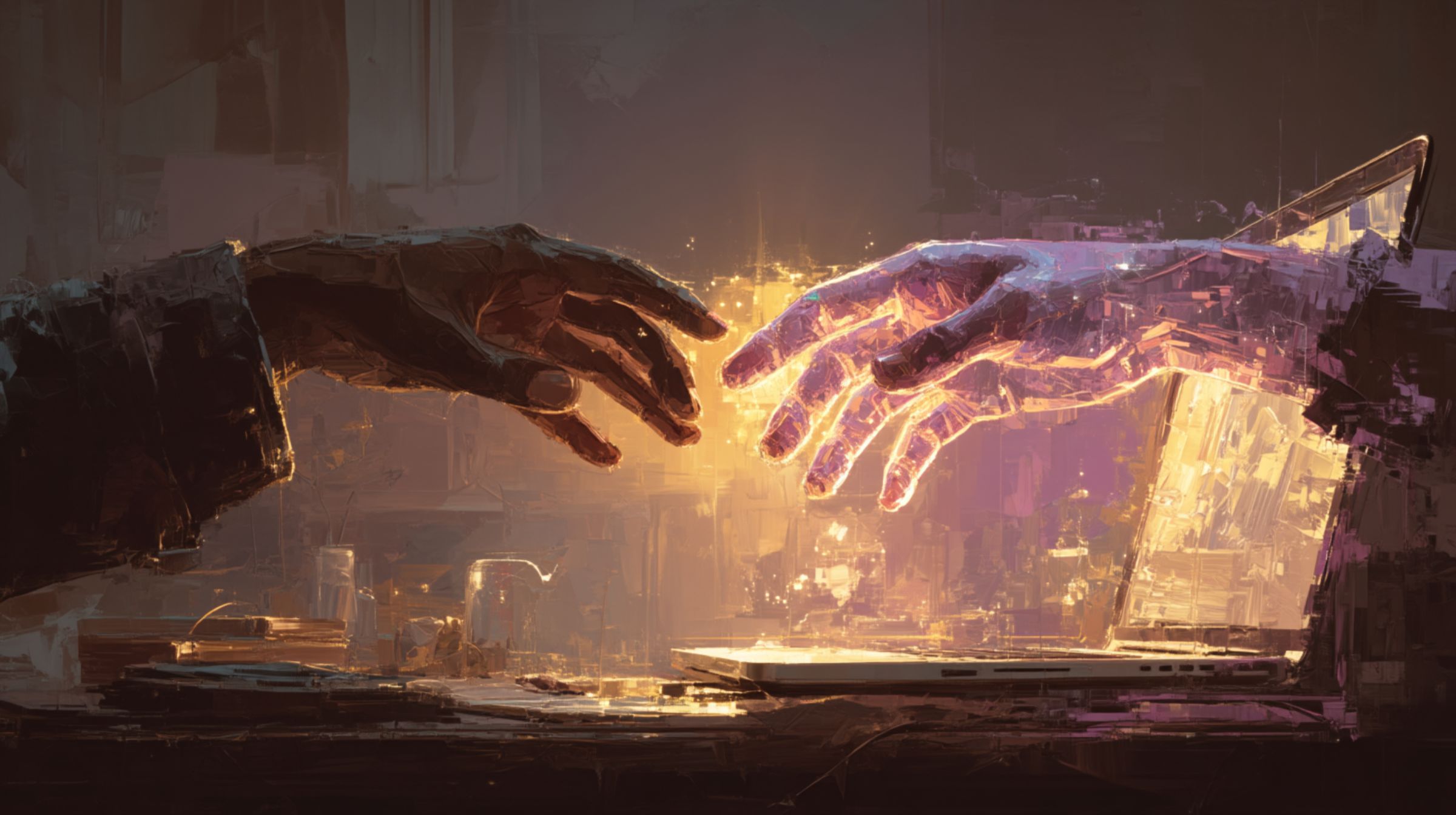 Two hands — one human, one digital — reach toward each other across a workspace, glowing where they almost touch, symbolizing humanity animating technology.