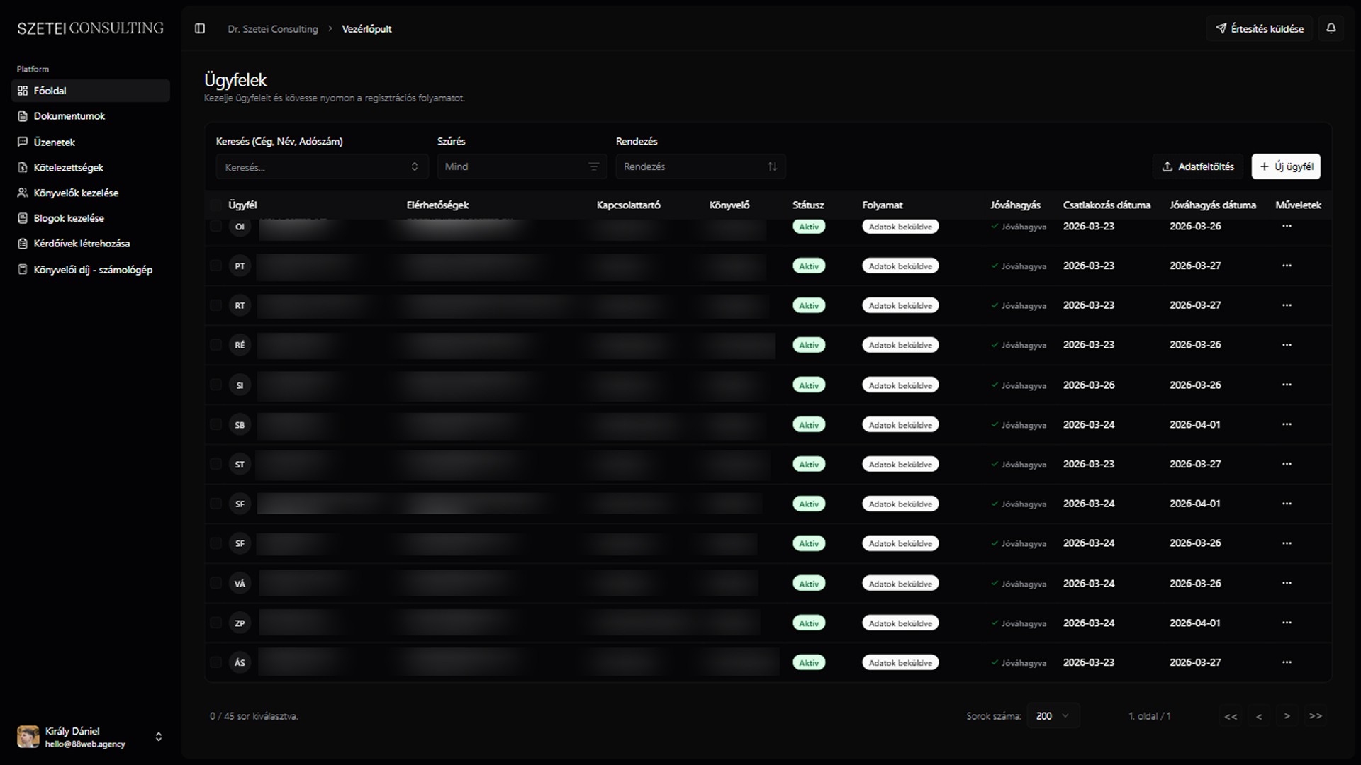Client list table with company names and status.