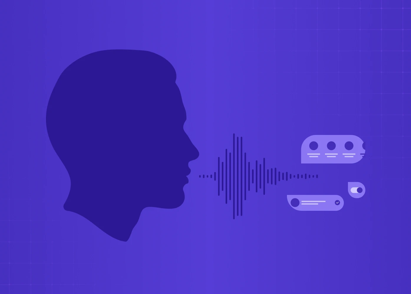 Illustration of voice interaction with waveform, chat bubbles, and user speaking interface. 