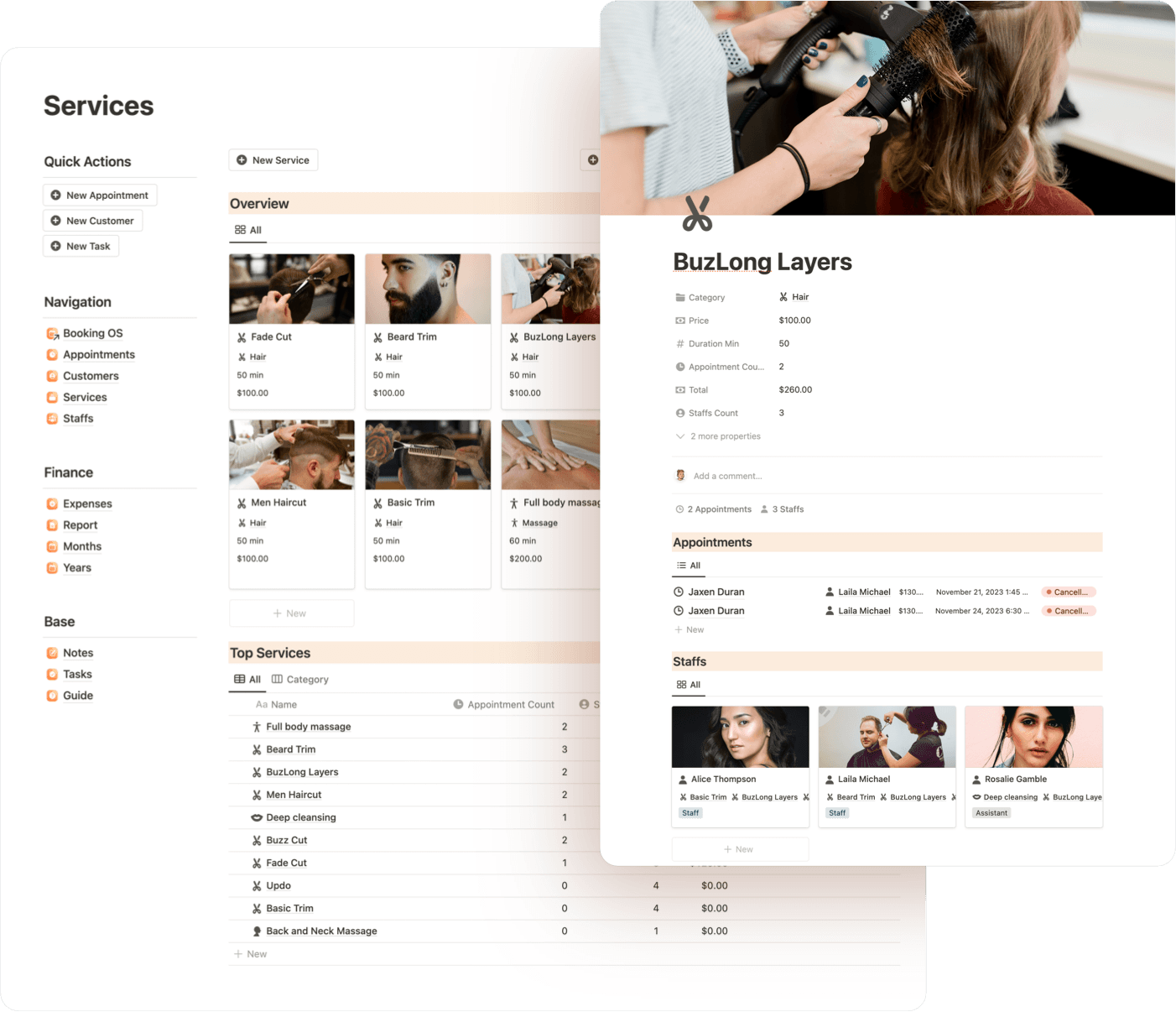 You can easily manage your services by adding the service price, duration in minutes, and let the system handle the rest. Additionally, you can organize your staff team based on services.