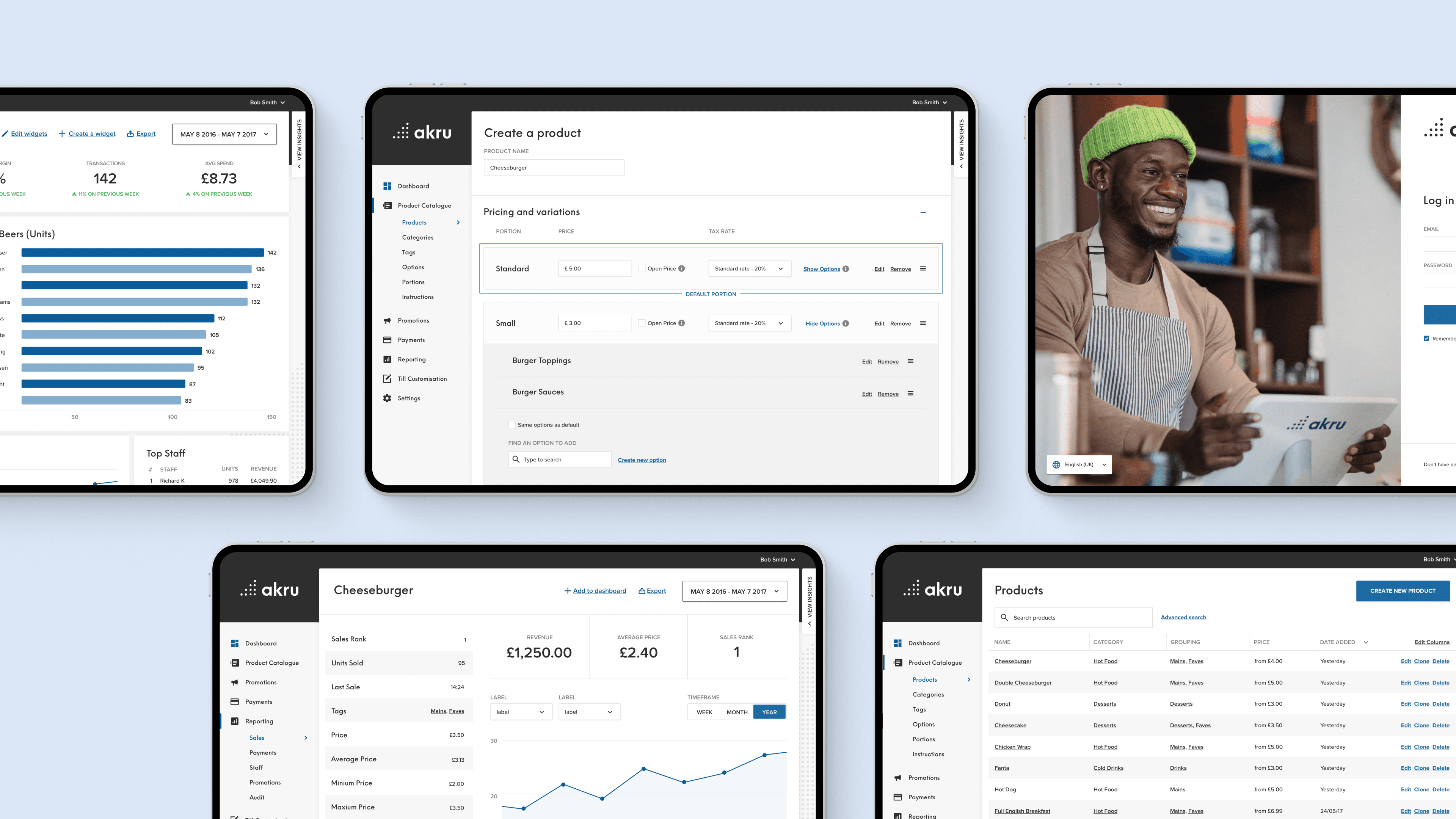 Tablet layout showing Akru POS admin tools including product creation, reporting, and login flow