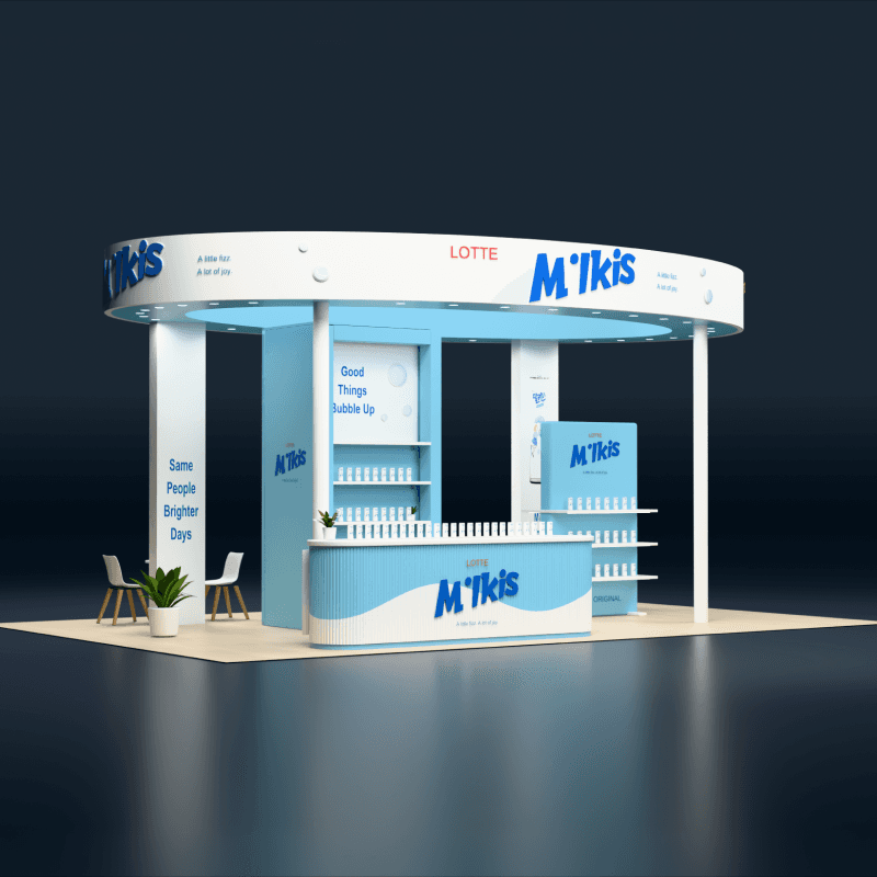 20x30 drink sampling island exhibit with hospitality seating and integrated product storage