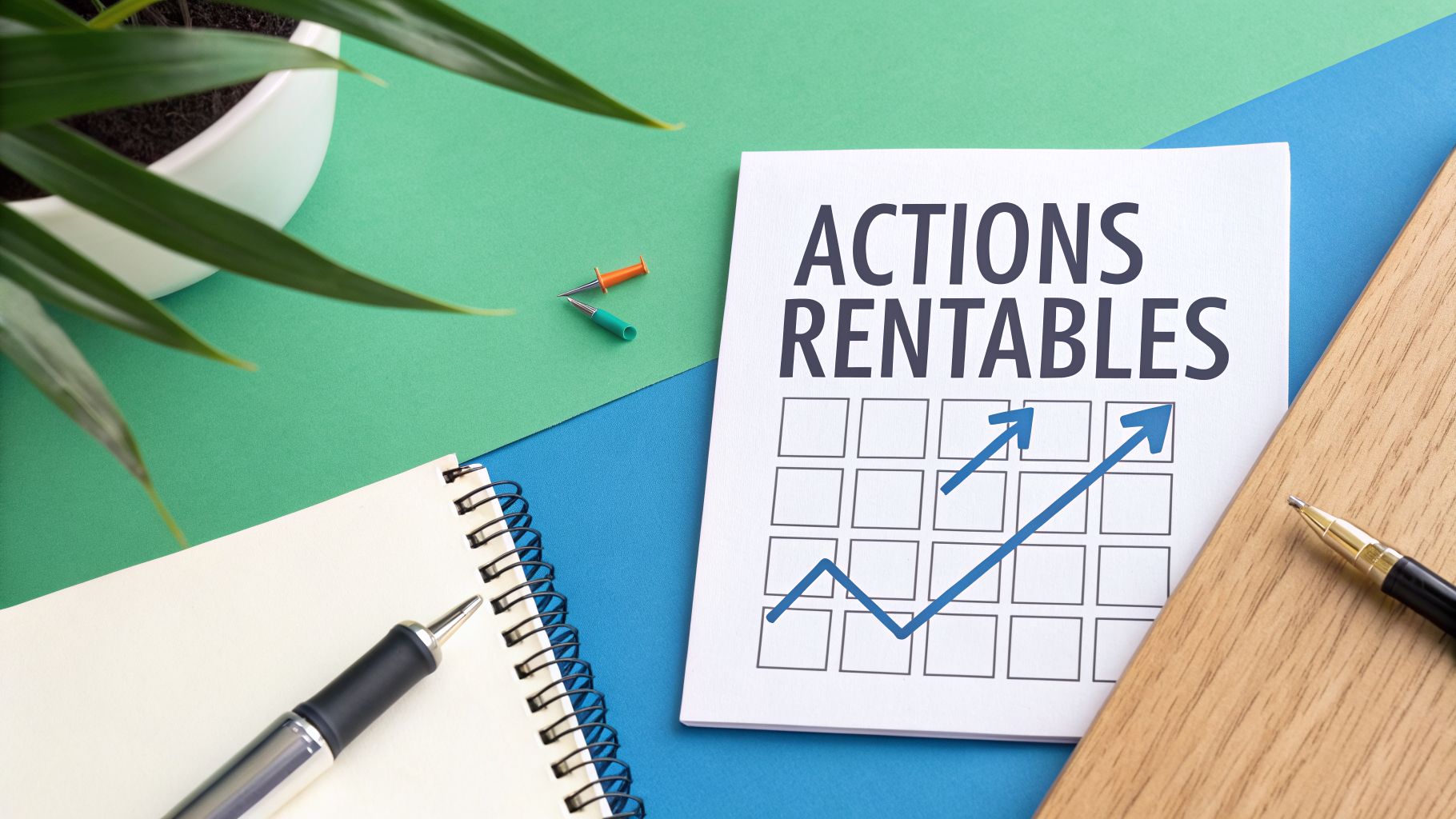 Feuille de papier avec les mots « ACTIONS RENTABLES » et un graphique montrant une croissance positive.