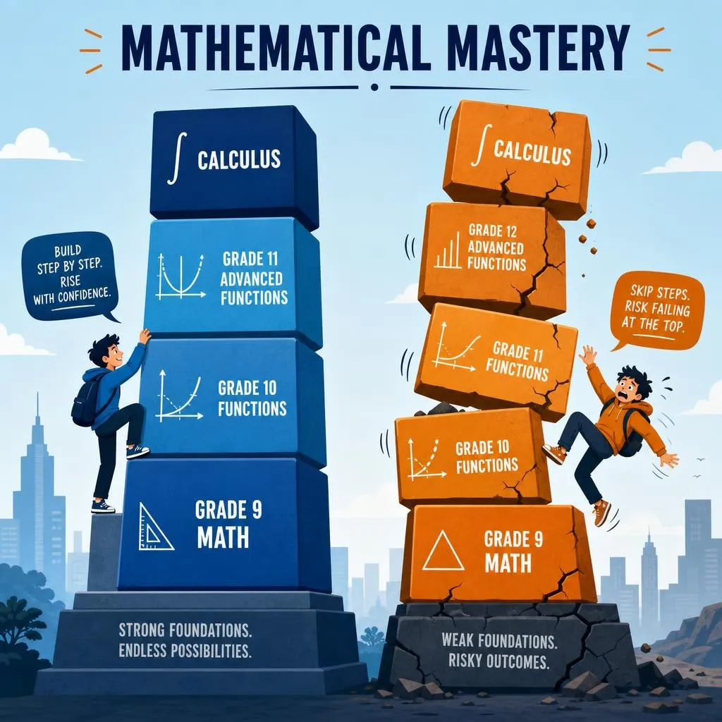 An infographic contrasting a stable tower of learning (Grade 9 Math leading to Calculus) with a fractured tower that has knowledge gaps between Grades 11 and 12 Functions, illustrating how weak foundations cause problems in calculus.