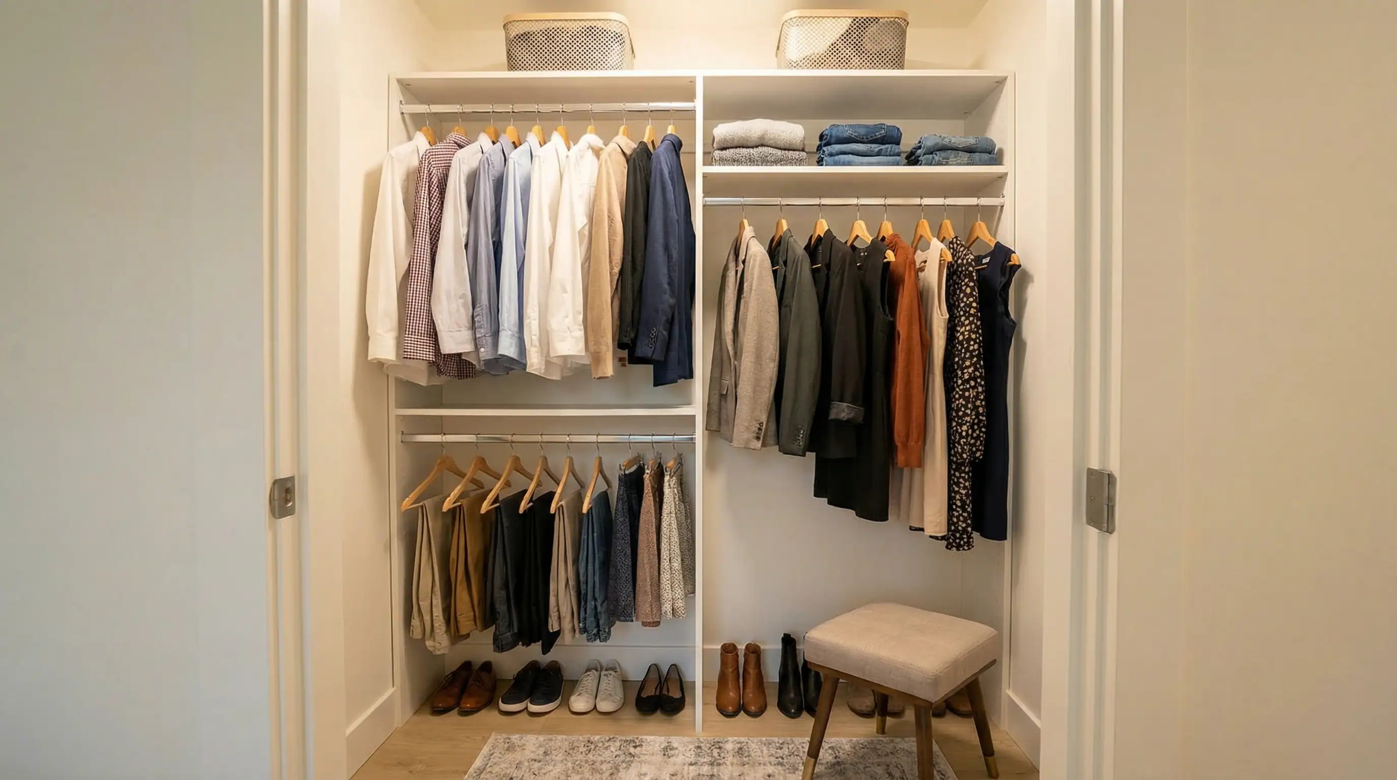 Custom built-in walk-in closet with dual hanging rails, open shelving, hardwood floors, and organized storage in Vancouver Custom Homes West 68th laneway home Vancouver BC