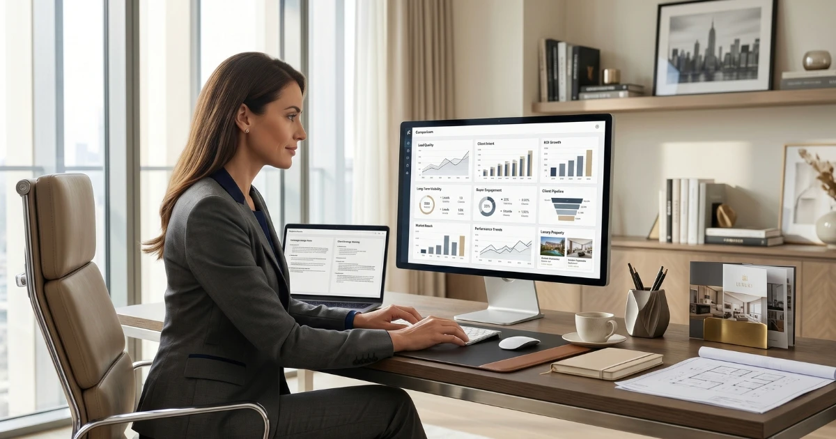 A luxury real estate professional comparing YouTube marketing vs paid ads real estate ROI on a desktop computer.