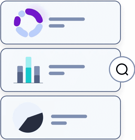 The image shows a stylized, three-tiered digital dashboard interface displaying circular, bar, and pie charts, with a magnifying glass icon, suggesting data analysis and search functionality.