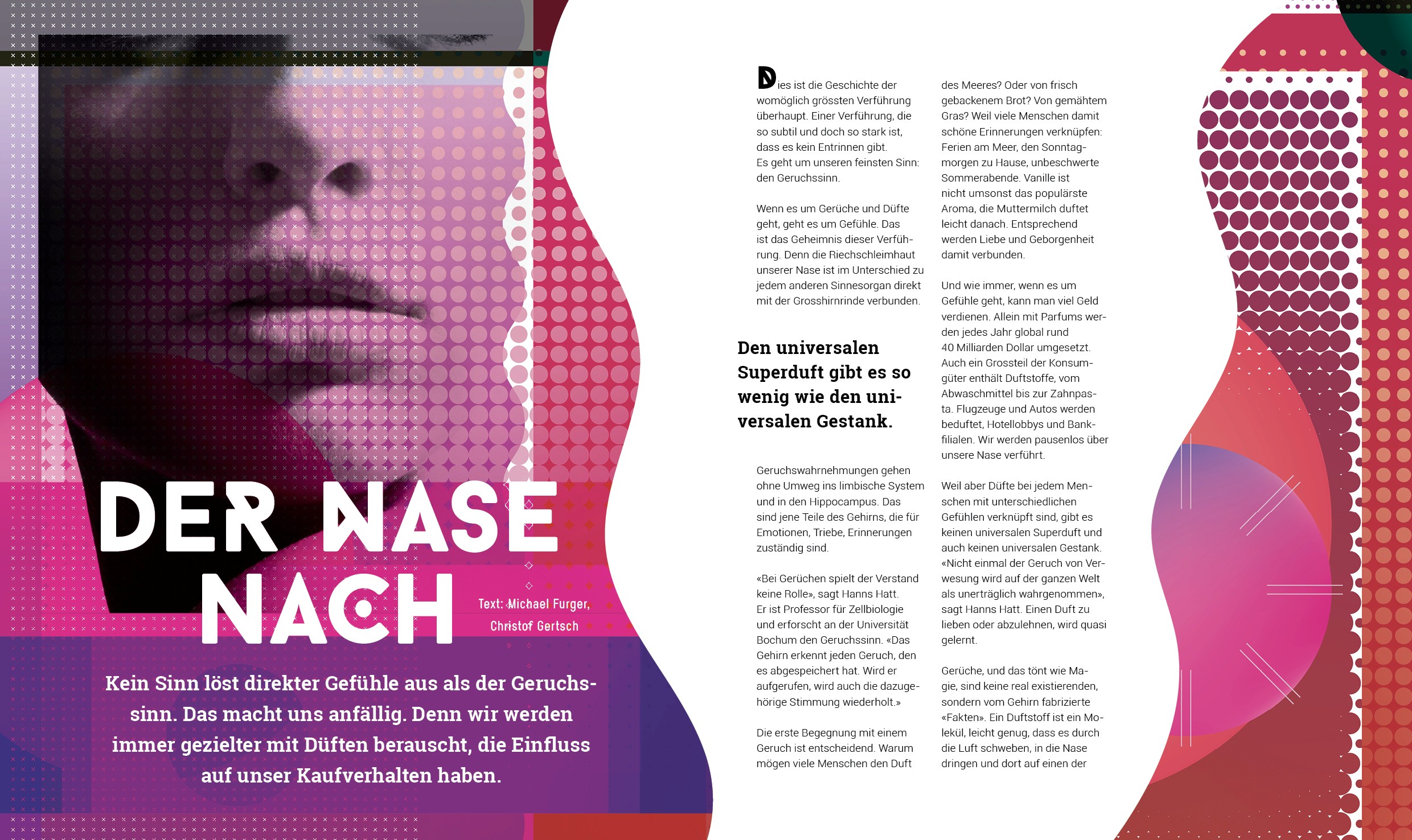 Magazine illustration for an article about the scent. Abstract elements such as geometric forms and patterns are shown.