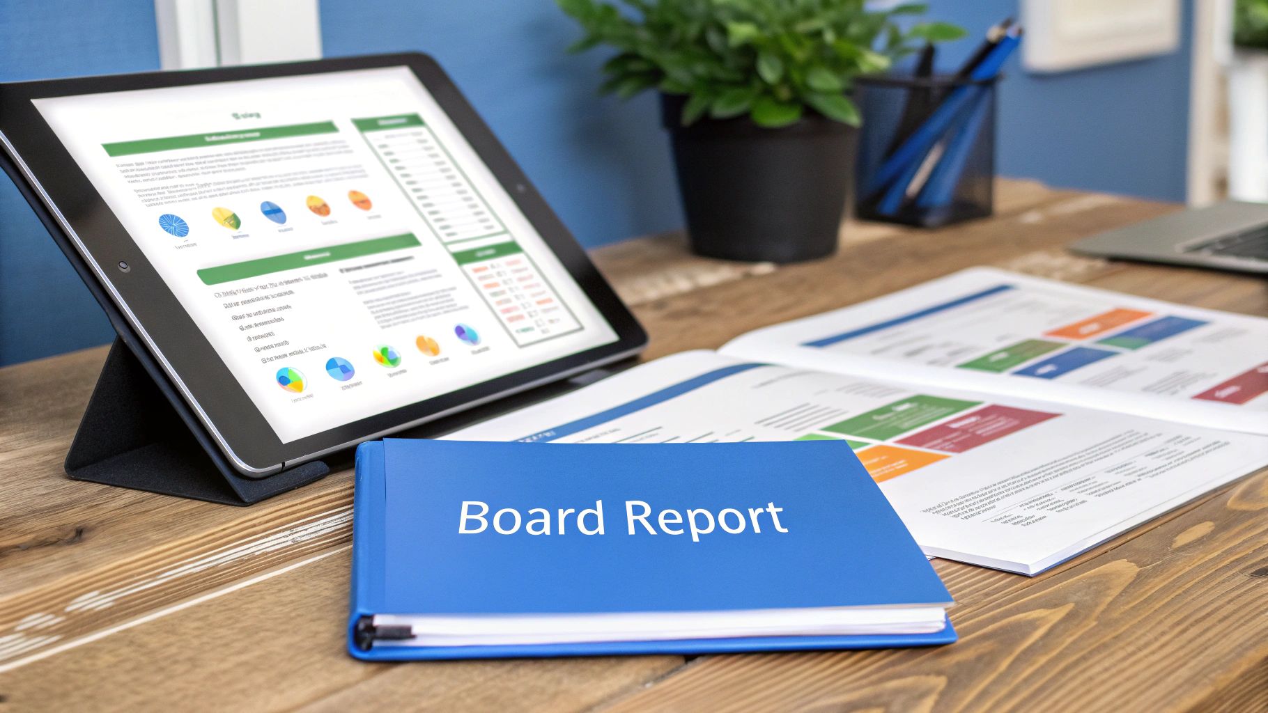 An office desk featuring a tablet displaying data reports and a blue
