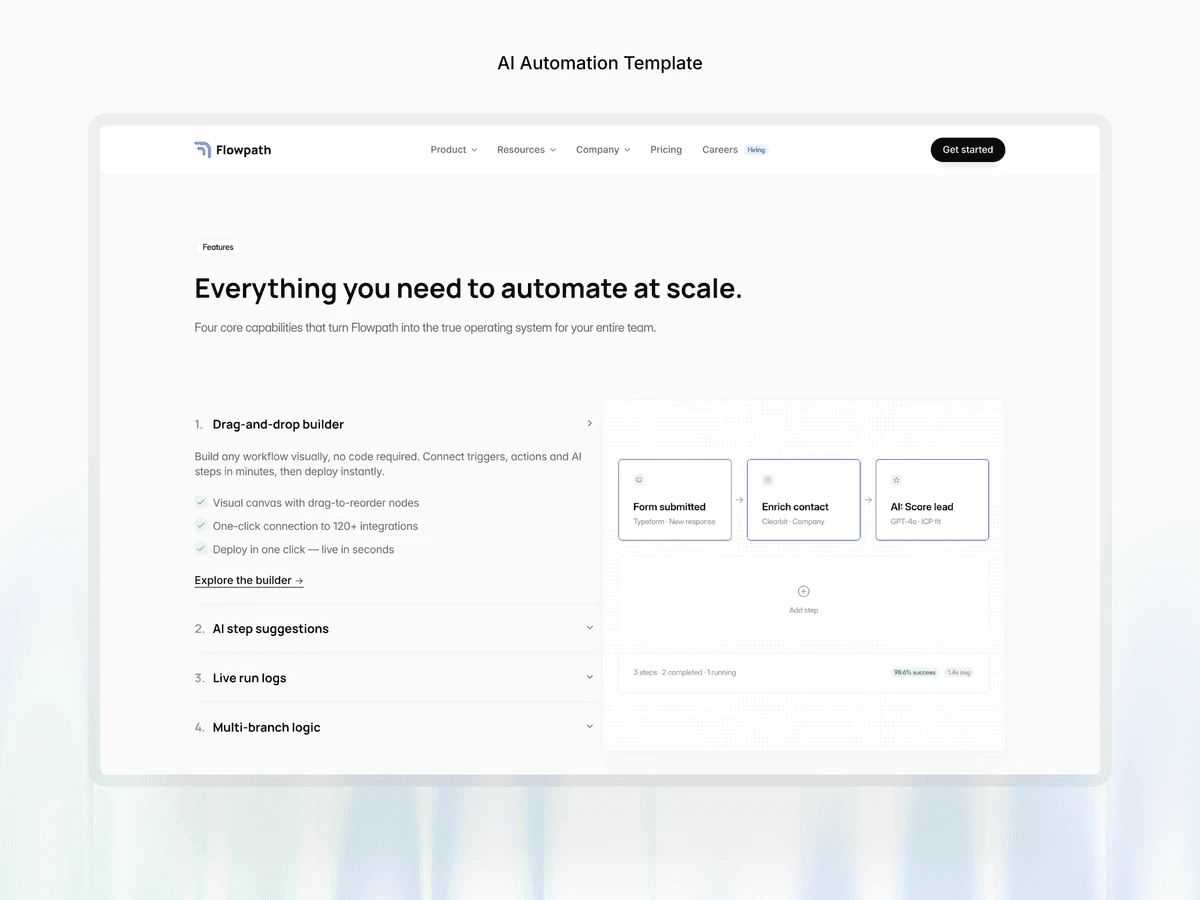 Flowpath Framer SaaS template showing an AI automation workflow builder