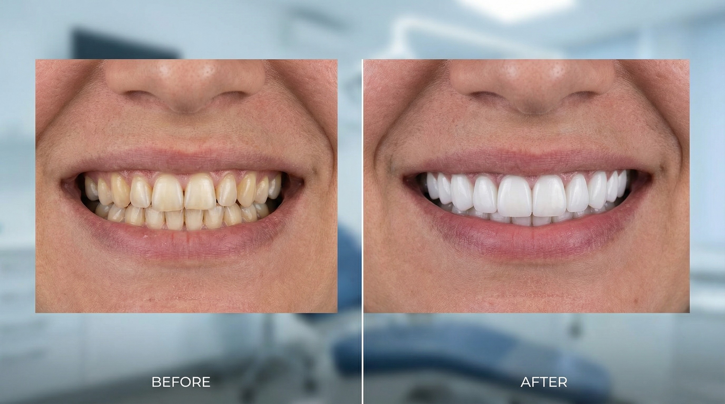 Before and after transformation showing dramatic smile improvement with professional dental veneers at Veda Family Dentistry, displaying enhanced color, shape, and alignment.