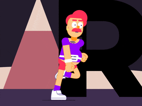 Animated run cycle of a character running through abstract letters.