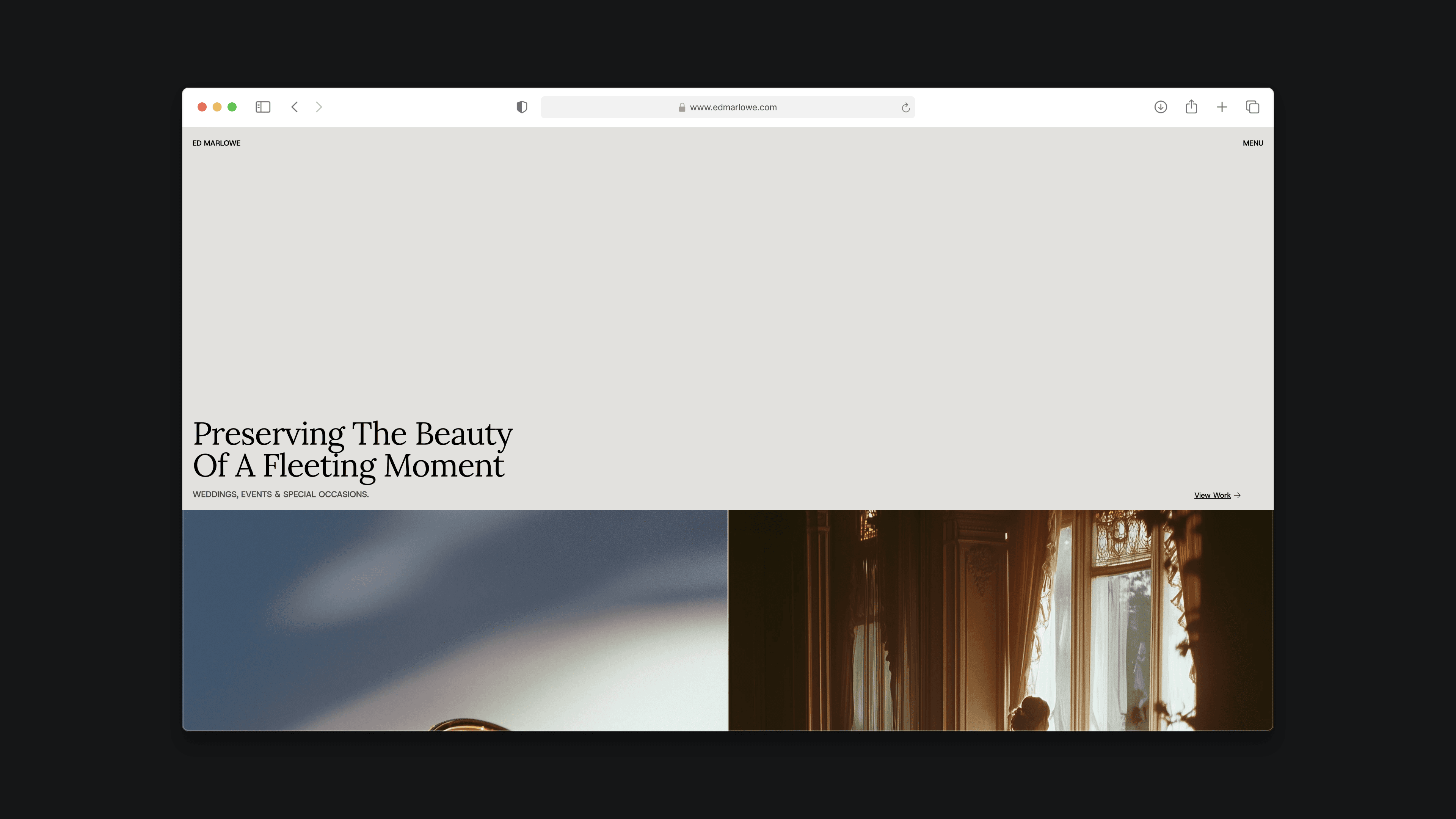 The landing page for a wedding photographer