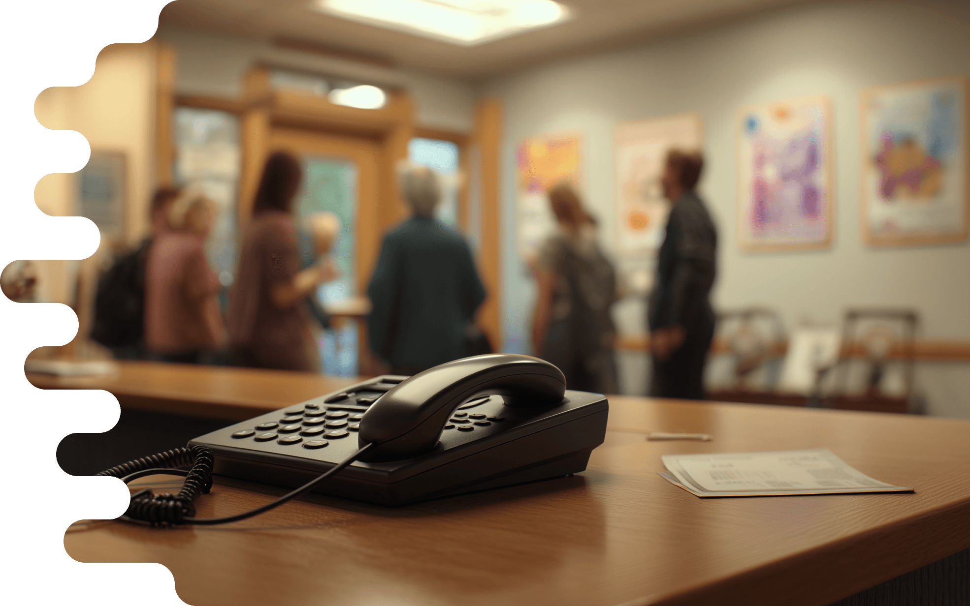 In a well-lit interior, there is a reception desk made of wood. On the table lies a black telephone with a cord leading to the base. Next to it, some sheets of paper are placed. In the background, several people can be seen talking and interacting with each other. They are standing in a line and appear relaxed. The room is friendly and invitingly decorated, with colorful posters on the walls showcasing artworks or information about an event. The atmosphere is welcoming and communal.