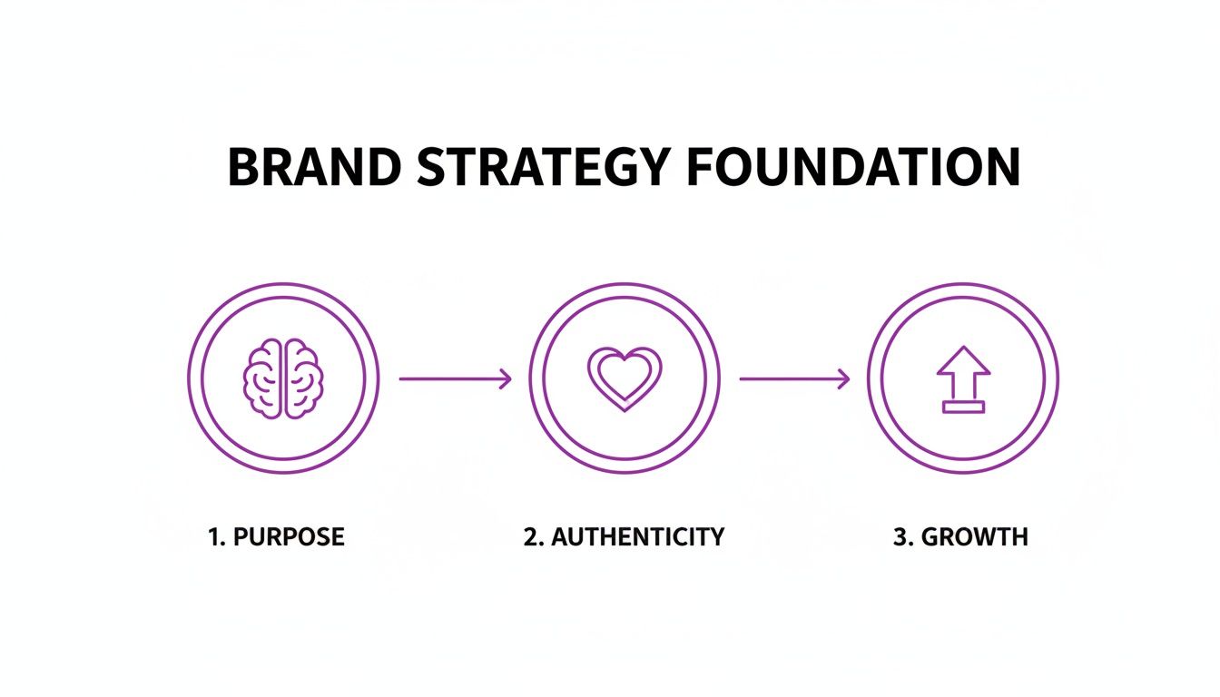 Diagram illustrating the brand strategy foundation: purpose, authenticity, and growth.