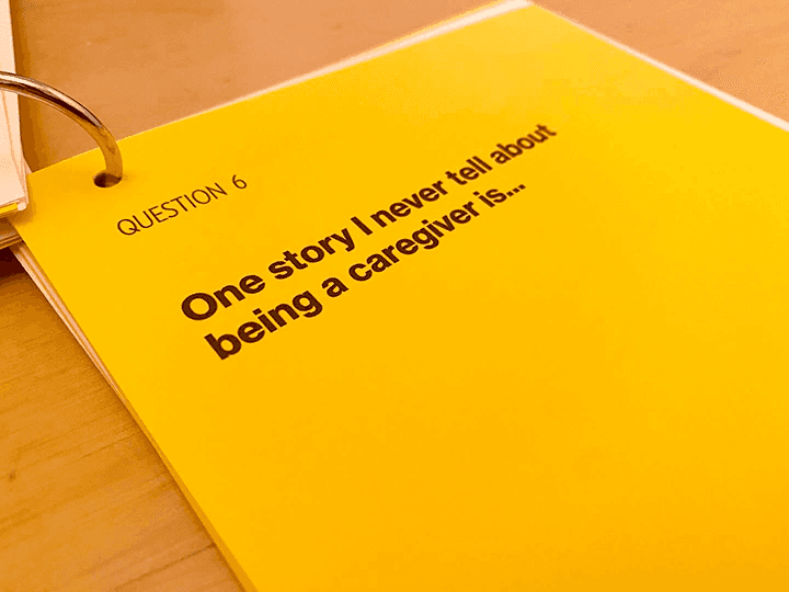 Diary designed by Public Works to enourage caregivers to reflect on their experiences. Prompt reads "One story I never tell about being a caregiver is.." used in a human-centered research study to uncover lived experiences and emotional labor in caregiving.