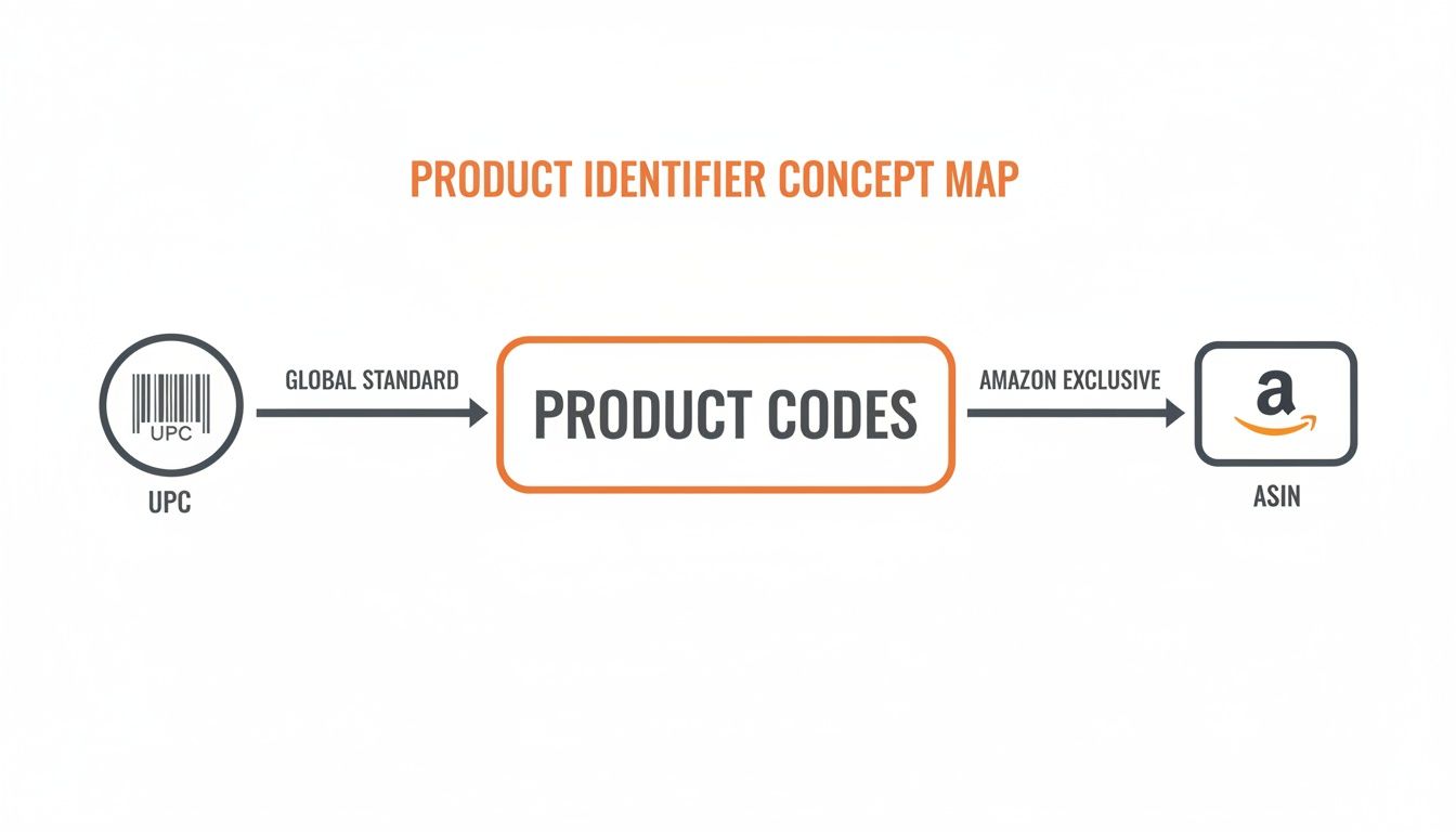 A concept map showing product identifiers, including UPC as a global standard and ASIN as an Amazon exclusive product code.