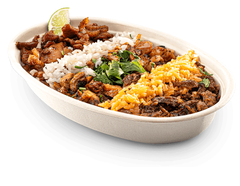Burrito bowl with white rice, seasoned rice, asada mushrooms, chicken, steak, garnished with lime.