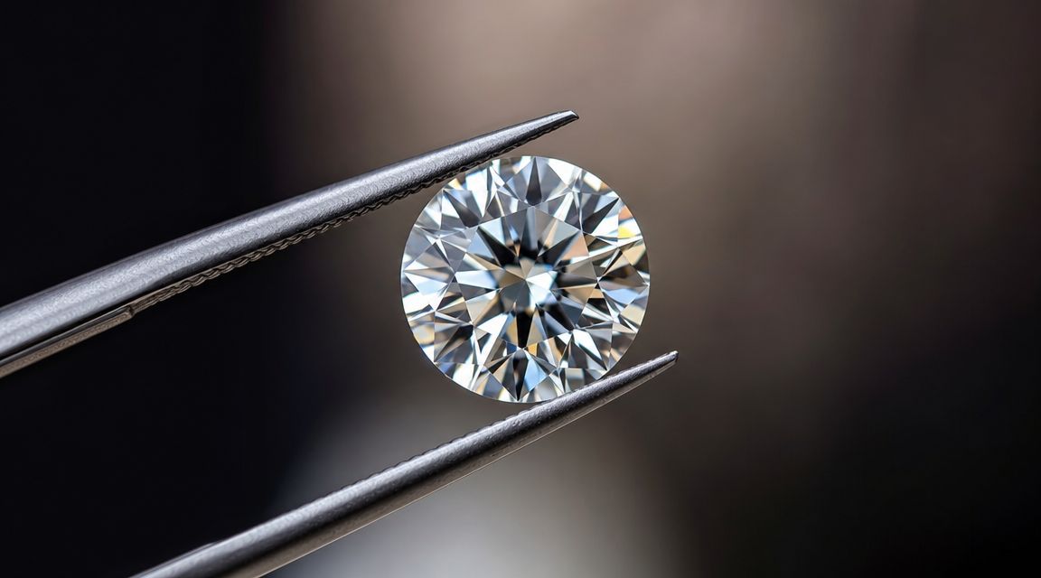 A sparkling round cut diamond held carefully by professional metal tweezers against a dark blurred background.
