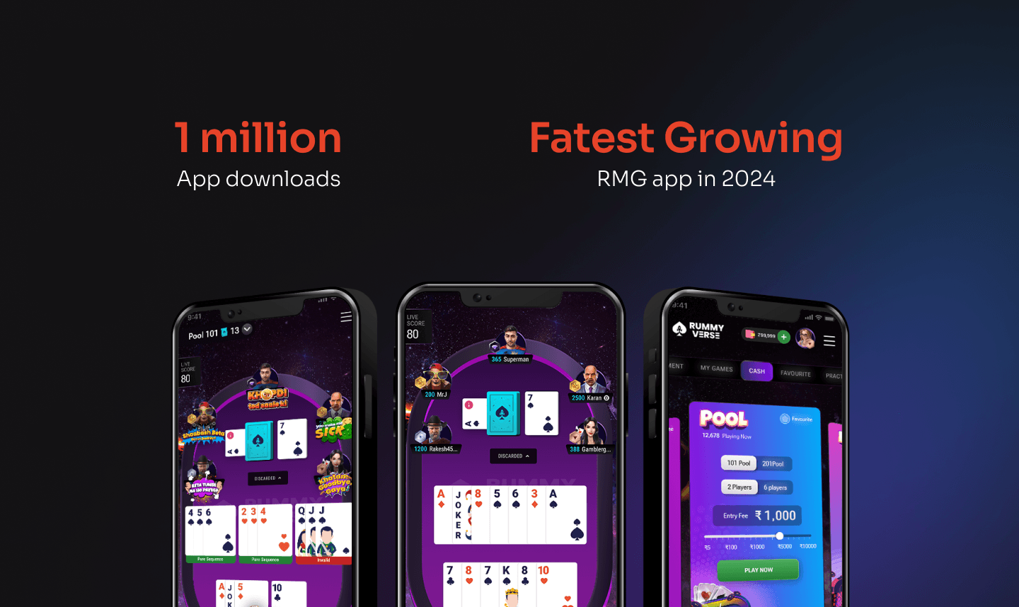 Rummy World mobile app hero screens