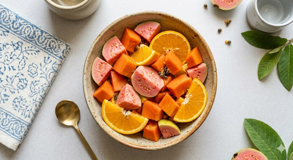 A refreshing overhead view of a ceramic bowl filled with a fresh fruit salad featuring diced ripe papaya, pink guava halves, and orange slices, with whole fruit and a brass spoon nearby.