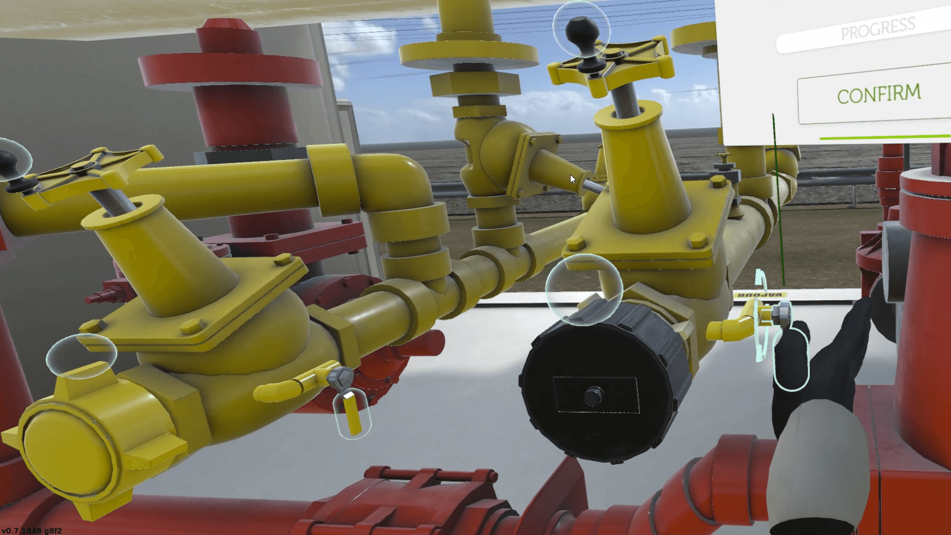 Yellow and red pipes in virtual reality ammonia transfer process