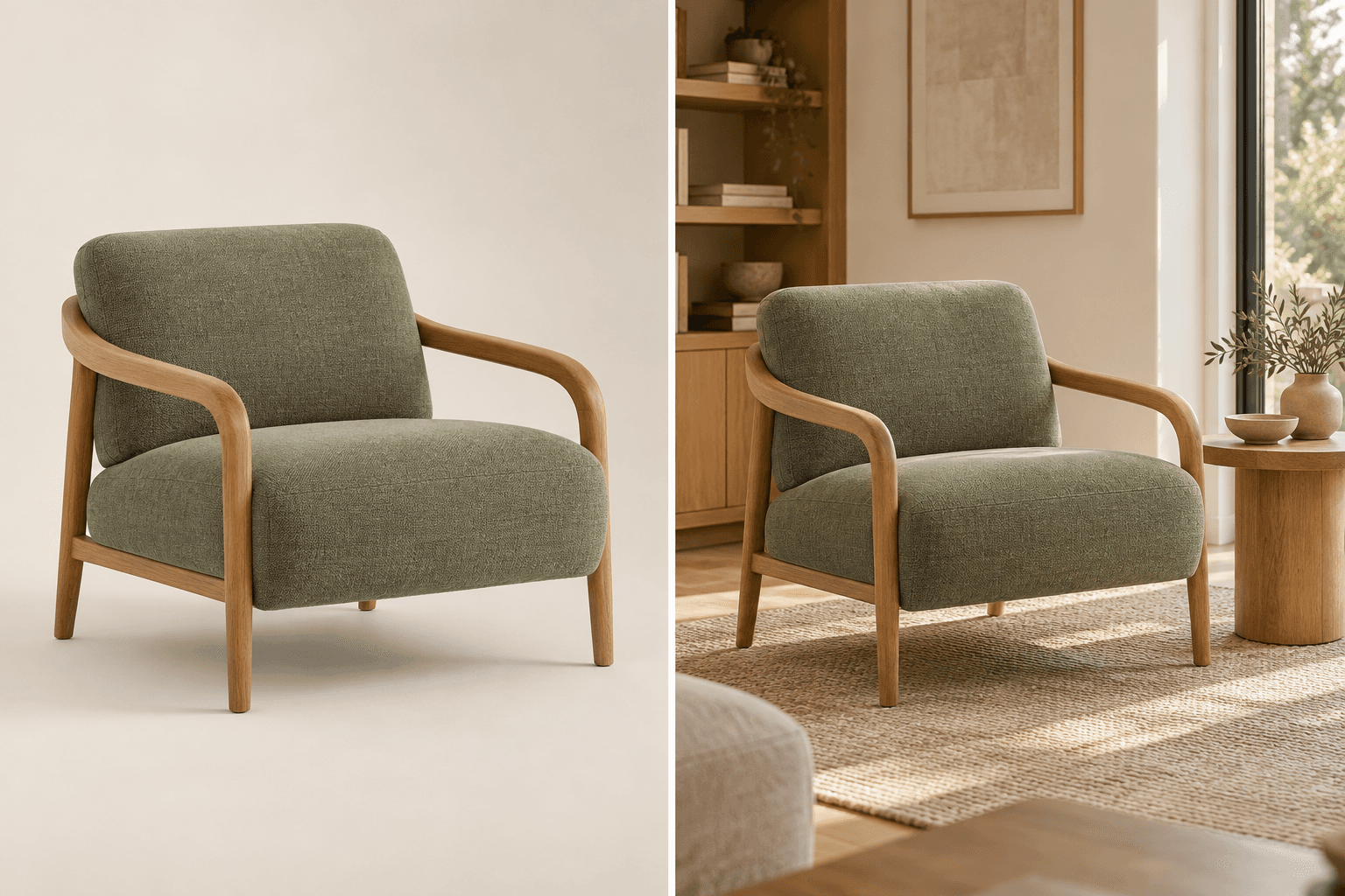 Illustration of a catalog chair alone and in a furnished living room