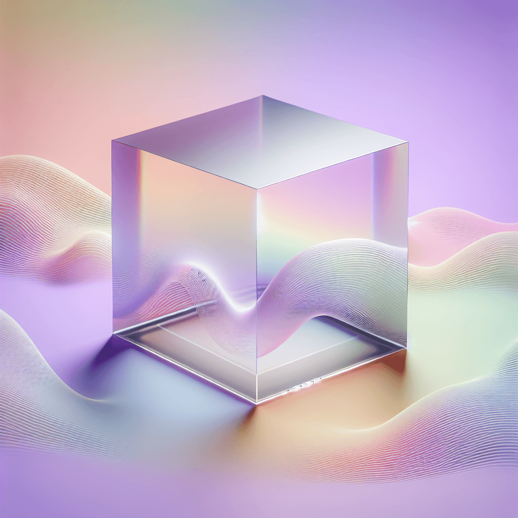 A 3D cube made of a sort of glass with a blurry effect material and a background with lilac, pinkish and salmon colors