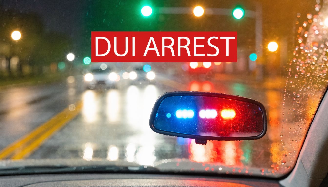 A view from inside a car at night showing police lights reflecting in the rearview mirror.