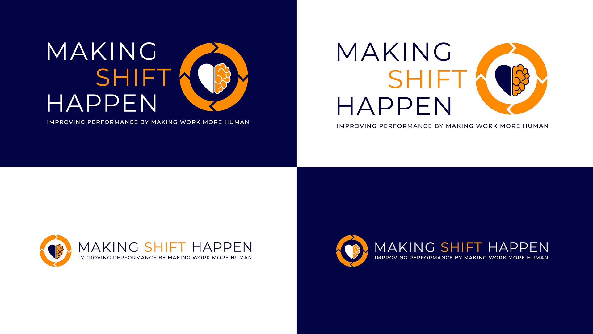 Making Shift Happen logo mark variations on both white and navy backgrounds