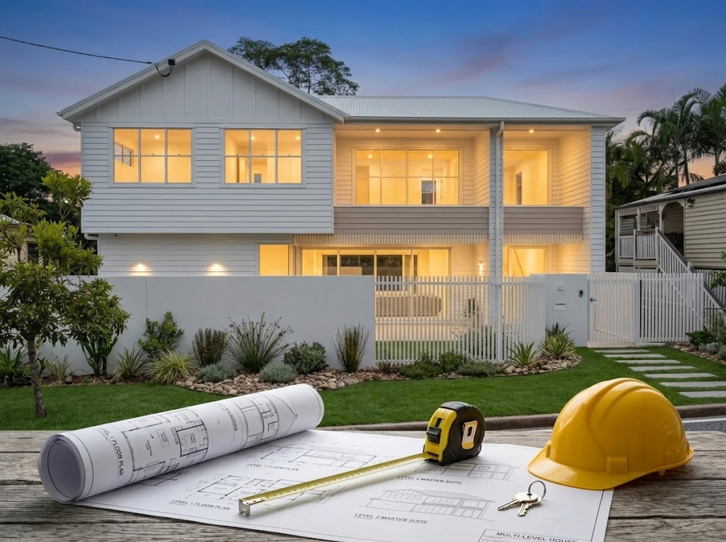 House plans and a hard hat in front of a finished custom Brisbane home.