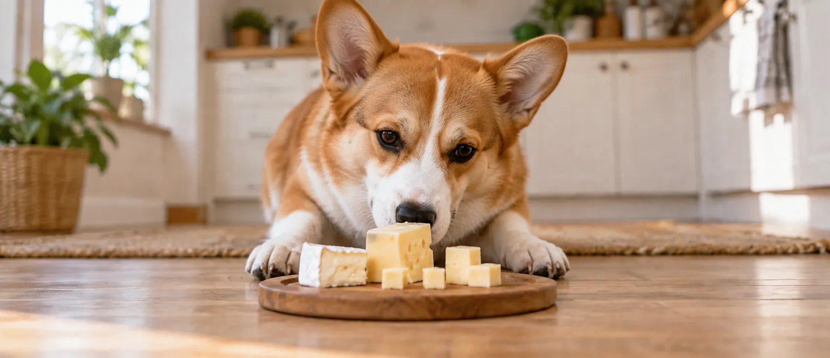 A Corgi sniffs cubes of cheese arranged on a wooden board, prompting the question of whether dogs can eat cheese.