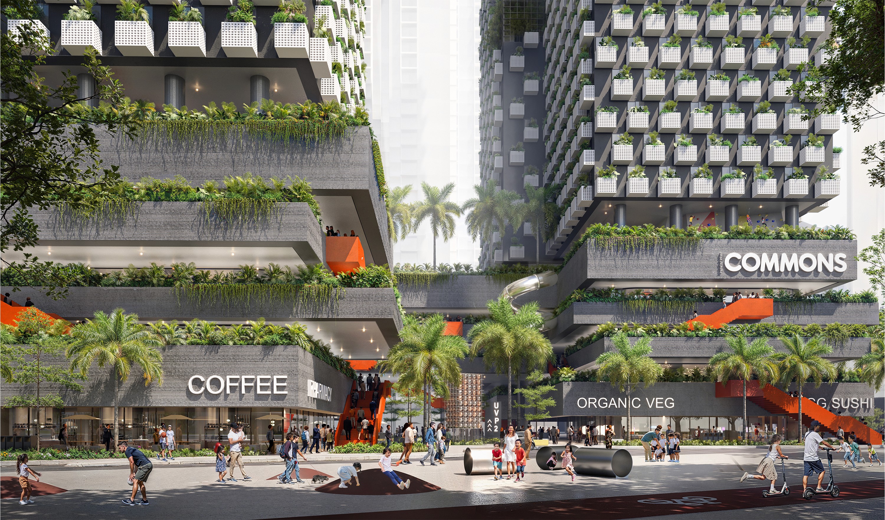 Ground-level street view of a biophilic skyscraper in Phnom Penh, highlighting public pedestrian spaces, integrated vegetation, a coffee shop, organic vegetable market, and vibrant urban activity.