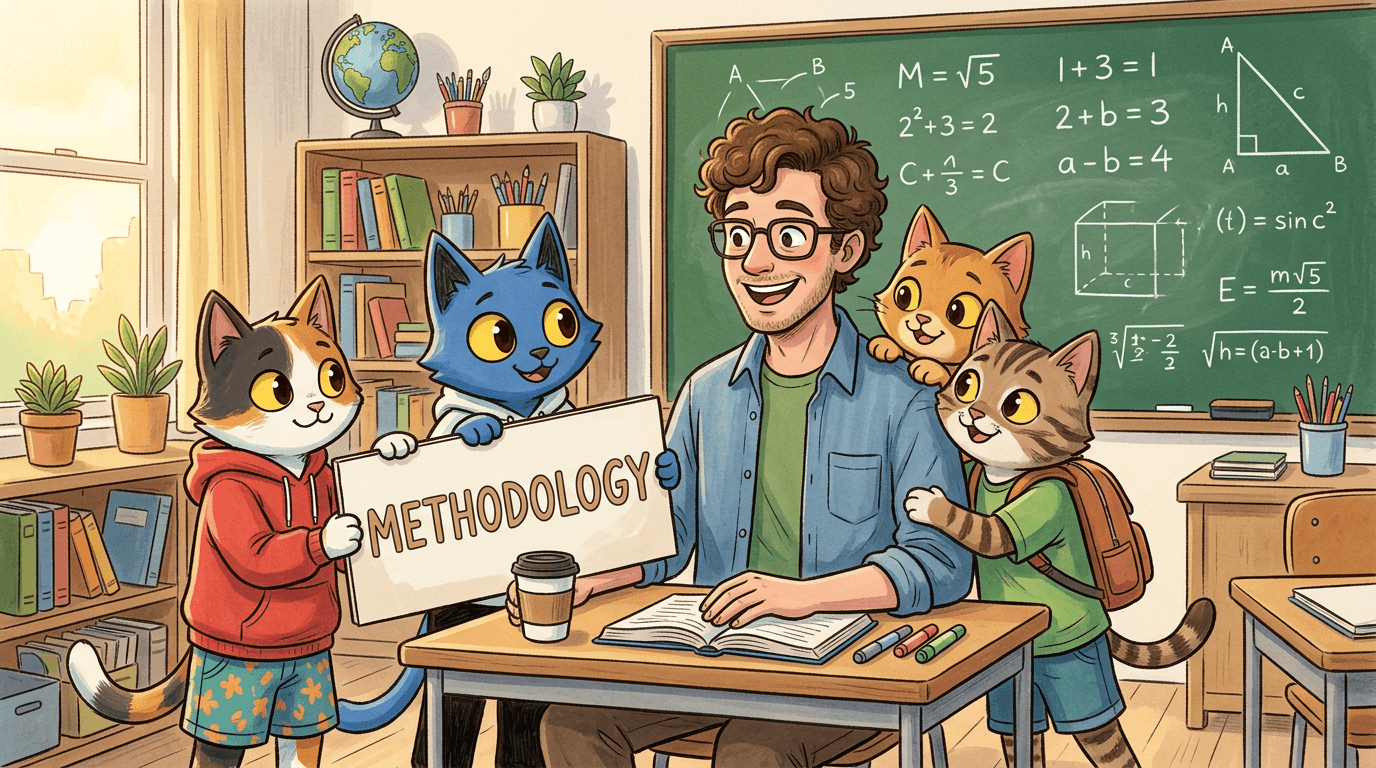 A teacher surrounded by cartoon cats holding a sign that says Methodology, standing in a classroom with math formulas on the chalkboard
