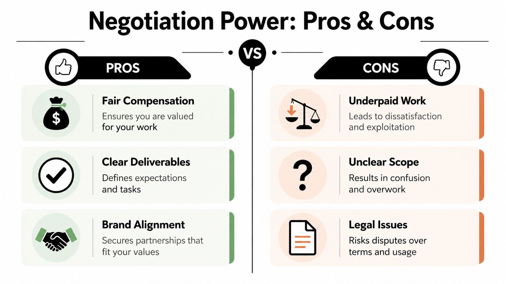 A comparison chart outlining the pros and cons of having negotiation power for brand ambassador partnerships.