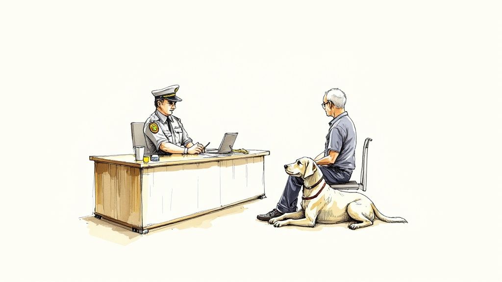 A customs officer inspects a dog's travel documents at the US border.