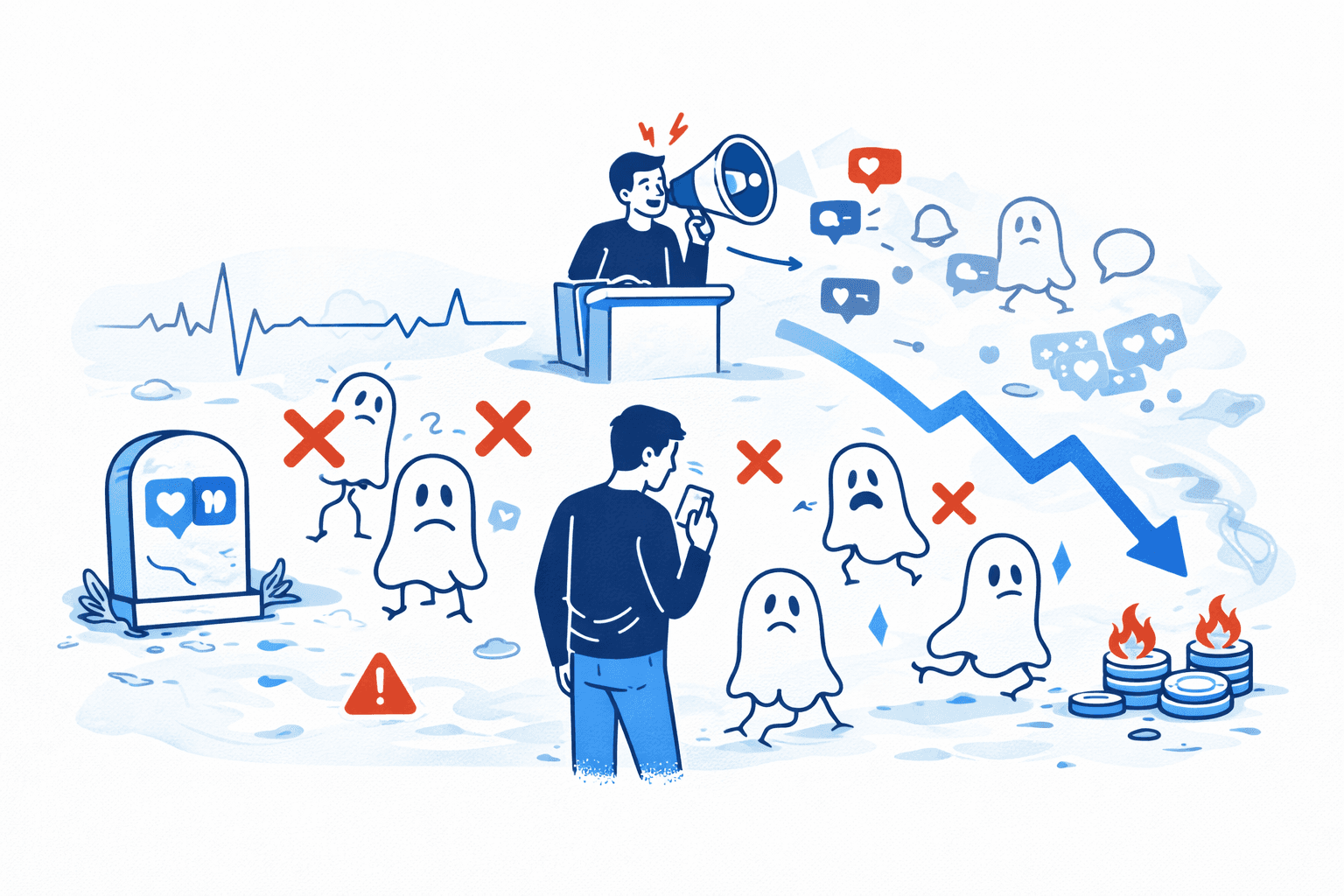 The illustration shows ghosts that represent people who don't engage in the community because it's quiet and there are no things going on there